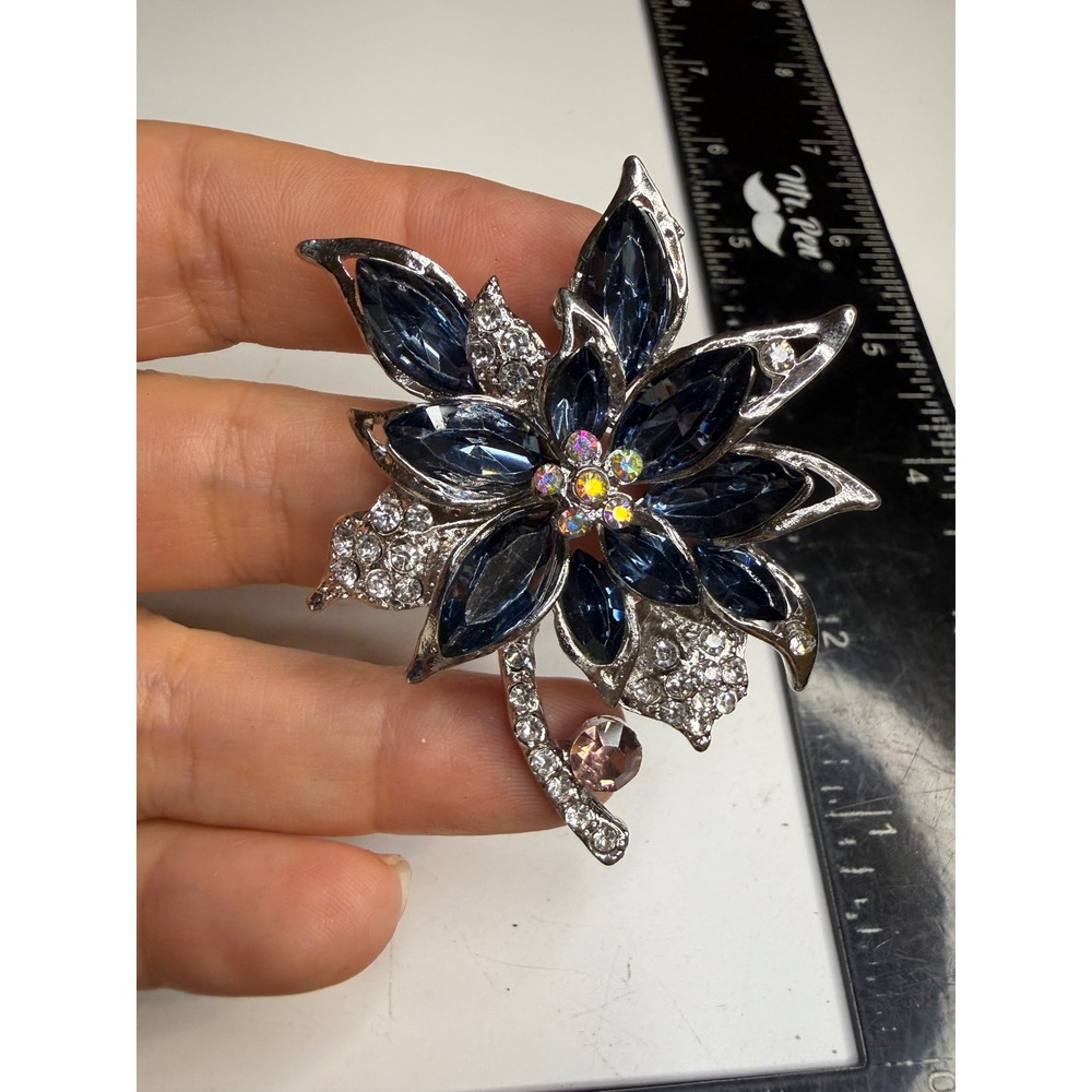 Blue Rhinestone Flower Brooch Silver Tone Floral Pin Crystal Statement Jewelry